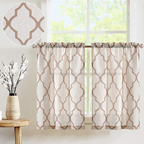TOPICK Linen-Optik Gardinen Geometrische Scheibengardinen Marokkanische Vorhänge Verdunklung Küchenvorhang Kurz Küchengardinen für Küchen Esszimmer Badezimmer Klein Fenster Taupe 2er Set 65 x 115 cm