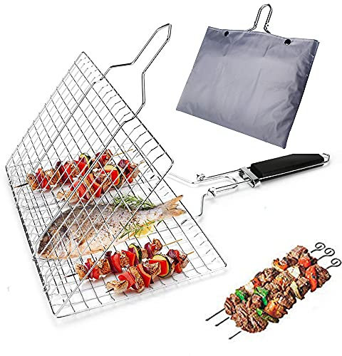BRONG Grilling Basket Barbecue Portable Stainless Steel BBQ Grill Basket For Vegetables Fish Shrimp Steak with Wooden Handle Storage Bag 4 Kebab Skewers
