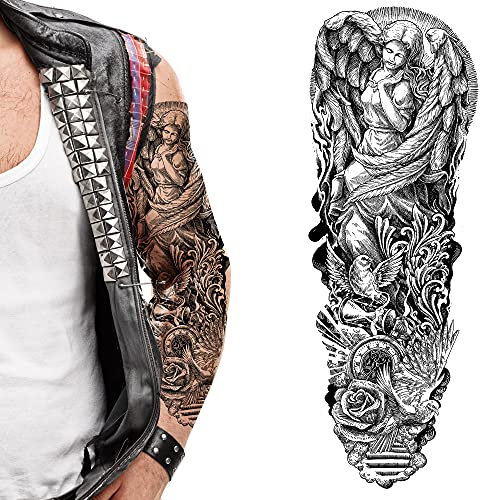 Tatodays temporäres tattoo mit vollem arm, engeltaube, zum aufkleben auf körperkunst, halloween, erwachsener, temporärer aufkleber, biker, rocker, punk, 80er-jahre, engeltaube, himmel,
