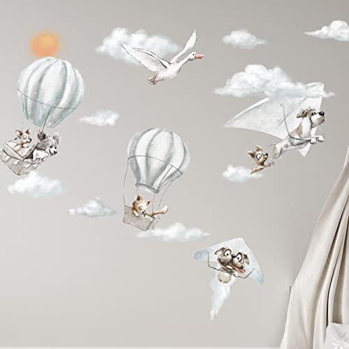 WANDKIND Fliegende Tiere Wandtattoo Kinderzimmer V374 | handgezeichnet | AUFKLEBER Kindergarten | Babyzimmer Wandsticker Hund im Heißluftballon Katze Ballon Schwan (130 x 130 cm)