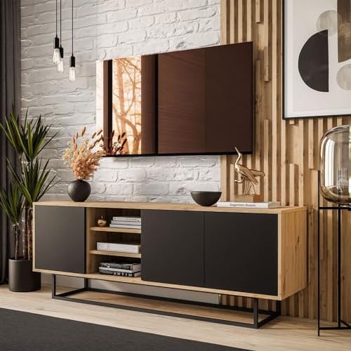 lukmebel RTV Schrank SANAYI II Anpassbare geräumige laminierte Platte mit ABS-Rand 156x56x38cm für Moderne Loft-Einrichtungen Schwarz matt auf schwarzem Metallrahmen