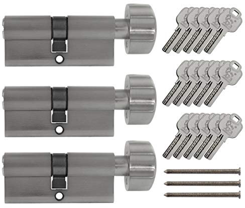 Löwen Sicherheit 3x Knaufzylinder KD 60 mm 30/30 gleichschließend, Silber Metallic, Sicherheitsschloss, Knaufzylinder, 2076538031