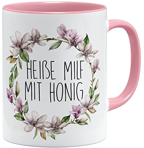 OM3® witzige Kaffee-Tasse mit Spruch - Heiße Milf mit Honig - kitschig Blumen - Keramik Becher - 325ml - Beidseitig Bedruckt - Rosa
