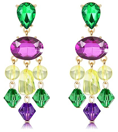 Orecchini pendenti con cristalli Mardi Gras viola verde giallo perline orecchini pendenti per donne moda vintage carnevale parata orecchini regali, metallo, senza pietre preziose