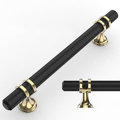 Amerdeco 10 Stück Möbelgriffe Schwarz 128mm Lochabstand Schubladen Griffe für gold Küchenschränke Schrankgriffe Schubladengriffe Türgriffe für Küchenschränke Kleiderschrank UK0047
