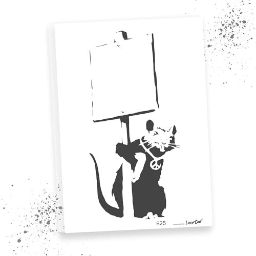 LaserCad Schablonen BANKSY Streetart (B025, Rat holding Sign, DIN A2) Stencil für Graffiti, Airbrush, Kunst, Deko, zum Malen