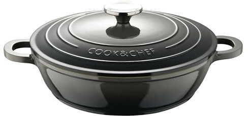 BERGNER E Xcalibur Grey – niedrige Pfanne mit 24-cm-Deckel – geschmolzenes Aluminium – cremefarbener Innendeckel – graue Farbe – Induktionspunkt – Edelstahltopf