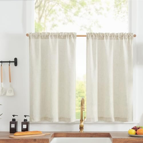 TOPICK Cortinas de Cocina de Lino Cortinas de Cocina Cortas para Sala de Estar Baño Lavandería Cortinas de Media Ventana Filtro de Luz 65 Ancho x 90 Alto(cm) Juego de 2 Natural