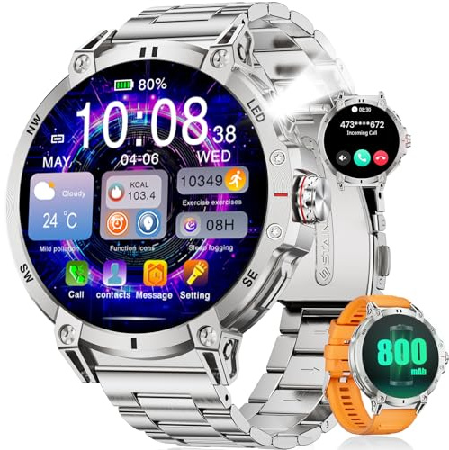 SUNKTA 1,85″ HD Smartwatch für Herren für iOS Android 800 mAh Großer Akku Smart Watch für Männer Bluetooth-Anrufe Silber Stahl LED-Lampe, Gesundheitsüberwachung, Schlafmonitor, über 100 Sportmodi