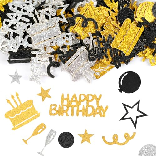 Konfetti Streudeko Geburtstag Gold Schwarz, 100Pcs Happy Birthday Tischdeko | 8 Verschiedenen Formen Paper Konfetti, Doppelseitige Glitzerflocken, Tischkonfetti für Frau Mann Geburtstagsdeko