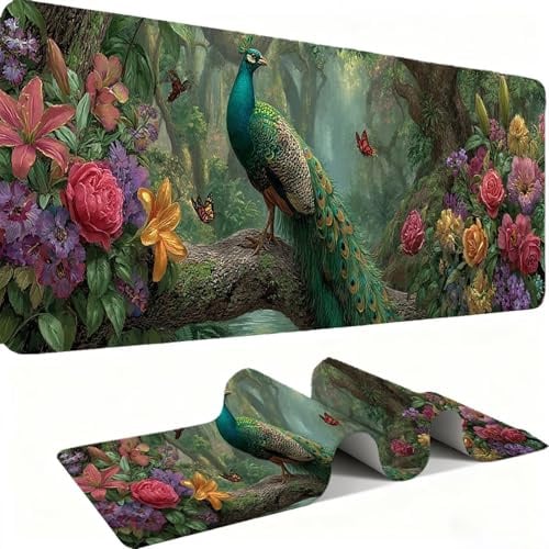 Schreibtischunterlage Gaming Mauspad, Mousepad XXL 800x300mm Mouse Pad mit Wasserdicht und Anti-Rutsch Basis Verbessert Geschwindigkeit für Büro Computer PC Desk Mat,Pfauen Blumen C0P-322