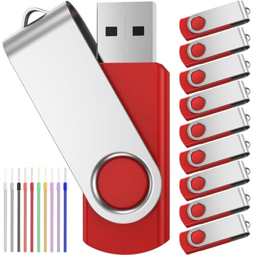 FEBNISCTE Speicherstick 2GB 10 Stück USB Sticks Einklappbar mit Drehgelenk 2 GB Memory Stick Rote USB 2.0 Flash Laufwerke Daten-Speicherung mit Kabel Pendrive für Werbegeschenke