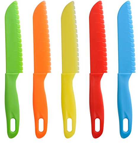 ONUPGO 5 Pieces Kids Kitchen Knife Set, Toddler’ Plastic Kitchen Knife Set - Kids Safe Cooking Knives, Chef Nylon Knife/Children's Fruit Knife, Cake Knife Bread Knife, Lettuce Knife or Salad Knife