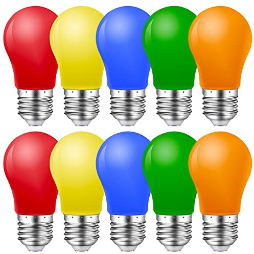 MZYOYO 10er Pack Bunte Glühbirnen E27,E27 LED Bunt Glühbirne außen Farbig 1W LED,Farbige LED Glühbirne E27,LED Birne für Party,Lichterkette,Deko Weihnachten Halloween,Rot Grün Blau Orange Gelb,AC230V