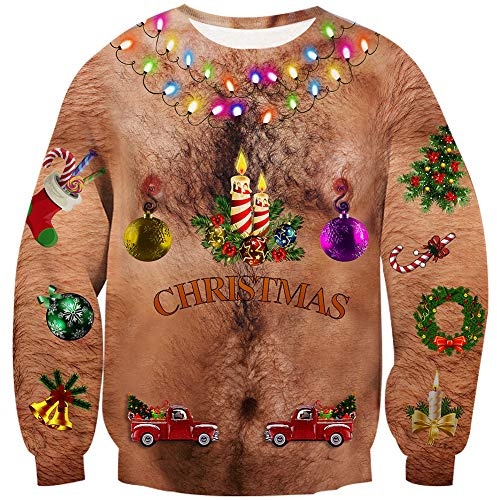 Loveternal Christmas Hemd Unisex Ugly Sweater 3D Druck Hässliche Weihnachtspullover Langarm Xmas Pullover Hairy Chest Jumper M