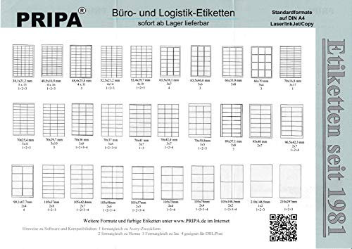 pripa Etikettenformat 70 x 42,4 mm 500 Blatt DIN A4 Selbstklebende Etiketten (500)