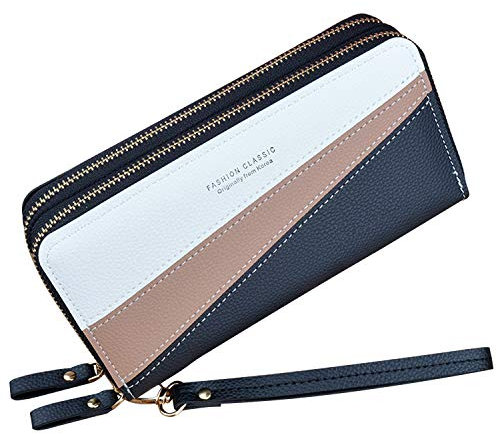 Damen Geldbörse mit Doppeltem Reißverschluss Geldbörse PU Leder Telefon Geldbörse für Frauen Große Kapazität Lange Clutch Geldbörse mit Mehreren Kartensteckplätzen Armband Geldbörse