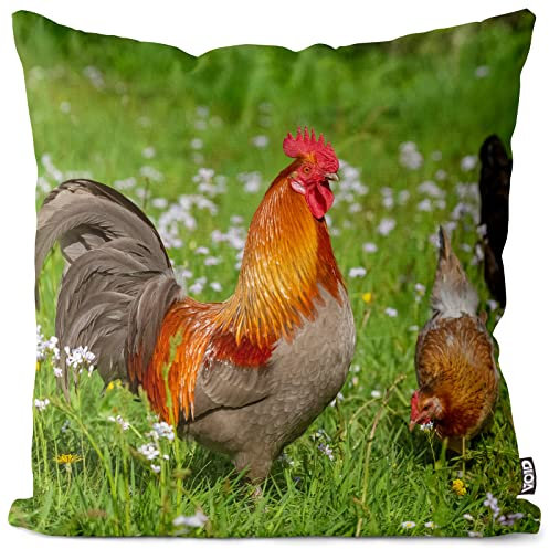 VOID Hahn Wiese Blumen Kissenbezug 40x40 Kissenhülle Polyester Zierkissen Couchkissen Ostern Osterdeko Deko, Kissen Größe:40 x 40 cm