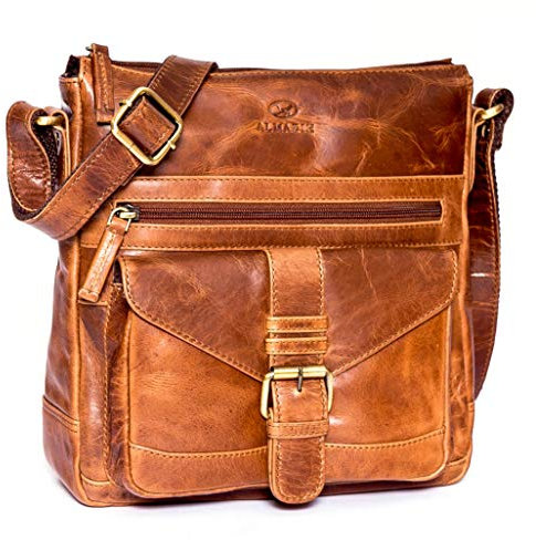 ALMADIH Premium Leder Damentasche Umhängetasche ABBY BD - praktische Ledertasche Handtasche Schultertasche Businesstasche Freizeittasche Citytasche Tragetasche Tasche braun (ABBY deluxe)