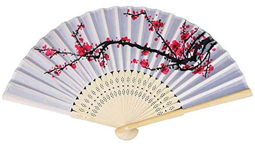 Yukiyi Handfächer für Damen, faltbar, Bambus-Fächer mit Quaste, Seidenstoff, Wanddekoration, Hochzeit, Party (Weiße Blume)