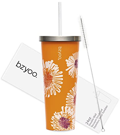 BZYOO SUP – Gobelet isotherme à double paroi avec paille et couvercle – Bouteille d'eau en acier inoxydable pour boisson froide – Tasse de voyage, 710 ml – Couleur : orange floral