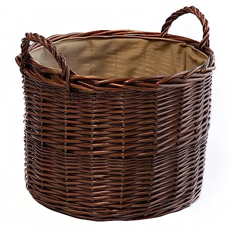 Arthur Cameron Deluxe Circular Wicker Log Basket with Handles & Lining - Large Wicker Storage Basket, Round Log Basket, Round Basket (Medium, Distilled Brown)