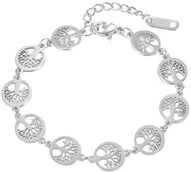 Rofusn Damen-Armband Edelstahlarmband Perlenarmband Herz/Lebensbaum/Kreis Anhänger Verstellbare Kettenlänge Armband für Schwester/Beste Freundin/Mutter/Tochter Silber Gold