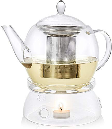 Teabloom Prager Teebereiter und Stövchen-Set aus Glas – großes Fassungsvermögen (1,275 ml) – hitzebeständige Teekanne aus Borosilikatglas mit abnehmbarem Tee-Ei aus Edelstahl – Herdplattensicherer