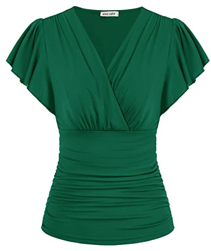 GRACE KARIN Womens Tops Dressy Casual, 2026 Ruffle Sleeve Wrap Blouses, V Neck Ruched Business Work Shirts Dark Green L