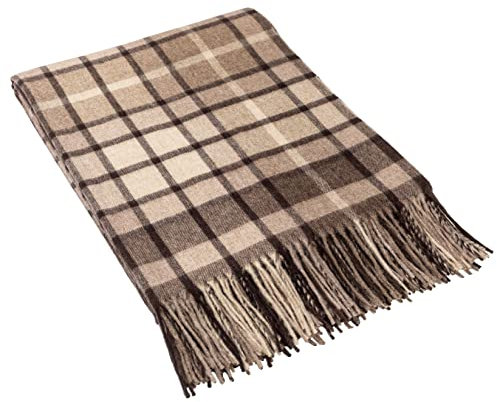 Glen Isla Jeté de lit 100 % laine d'agneau Yarrow Classic Plaid Carreaux Marron Beige – Fabriqué en Grande-Bretagne