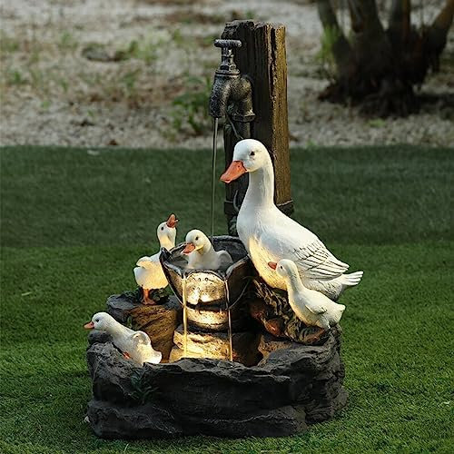 Nicoone Solar Ducks Statue Garden Ornaments Outdoor, Water Fountain Statue Garden Decorations with Solar Powered LED Lights for Patio, Balcony, Yard, Lawn- Unique Housewarming Gifts, Black White