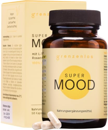 grenzenlos® 8-in-1 Ashwagandha Kapseln + Maca & Rhodiola rosea - SUPER MOOD | L-Tryptophan, Rosenwurz & Vitamin B6 B12 C D3 - kombiniert statt hochdosiert - ohne Johanniskraut & 5-HTP - 90 Kapseln, vegan