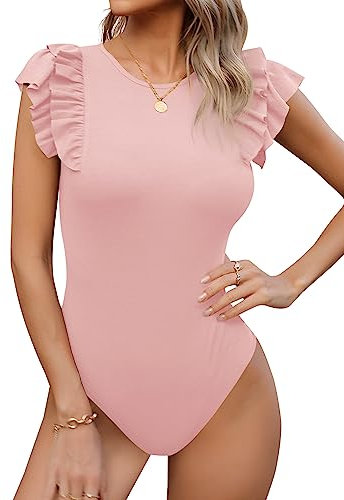 Missufe Body élégant à col rond et à manches courtes pour femme, Rose, XL