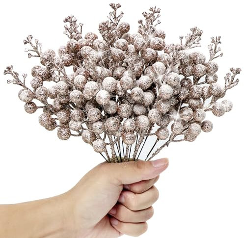 KKSTY Pack of 16 Christmas Glitter Berries Stems, Artificial Snowy Berry Picks Holly Berry Branches for Wreath Making Supplies Christmas Tree Decoration (Rose Gold)