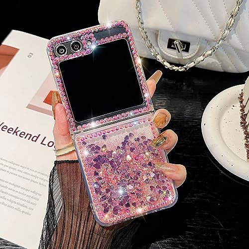 CrazyLemon für Samsung Galaxy Z Flip 5 (5G) 2023 Hülle, Glitzer Luxuriös Glänzend Strass Funkelnd Fließend Flüssig Bewegliche Pailletten Design Klares Schutzhülle für Frauen Mädchen - Rosa