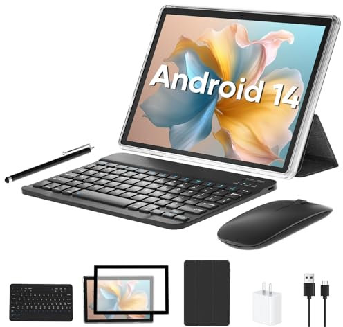 10 inch Android 14 Tablet, 6GB+64GB 1TB Expand, 2 in 1 Tablets with Keyboard, Case, Mouse, Stylus, 1280x800 IPS Touch Screen, 2.0GHz Quad-Core, WiFi 6, Bluetooth5.0, Dual Camera (Gray)