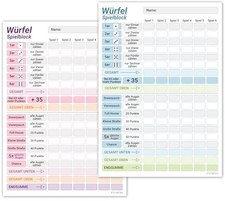 PICTALOO Würfelspiel Block Partner Set, blau und rosa, gut lesbar und übersichtlich gestaltet, moderner Ersatzblock, Spielblock groß, auch für Senioren und Kinder geeignet, Würfel Spiel Set (1 Set)