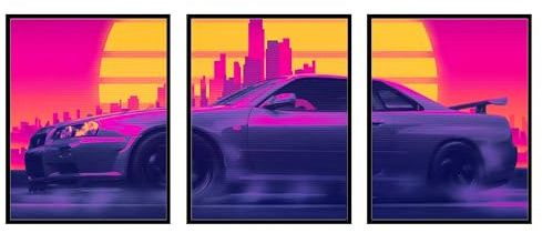 BigWig Prints Nissan-GTR-Poster – Nissan Skyline GTR R34, JDM-Auto-Wanddekoration für Zimmer, ästhetisch, Autokunst für Jungenzimmer, JDM-Leinwand – 3-teiliges Bild (30,5 x 40,6 cm)