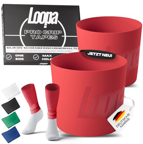 Loopa Pro Grip Tapes Fußball Schienbeinschonerhalter aus hochwertigem Silikon für Herren, Damen & Kinder (ab12J.) | Fußball Stutzenhalter | Shin Guard Holder | Shin Pad Stay (Red)