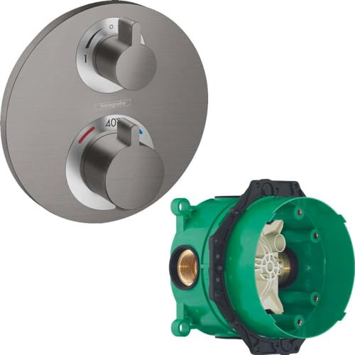 HANSGROHE Facade pour mitigeur thermostatique encastré Ecostat S avec robinet d'arrêt et inverseur noir chromé brossé avec Corps encastré