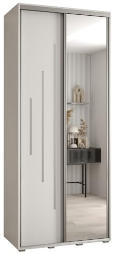 MEBLE KRYSPOL Davos 13 100 Schrank mit Zwei Schiebetüren für Schlafzimmer - Moderner Kleiderschrank mit Spiegel, Kleiderstange und Regalen - 235,2x100x60 cm - Weiß Weiß Silber
