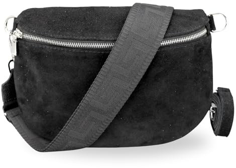 BRISE Bauchtasche Damen Wildleder AFIA Handgemachte Umhängetasche Crossbody Bag mit Ledergurt + Optionalen Breiten Gemusterten Riemen 3 Fächer Stylische Hüftltasche Made in Italy (Schwarz - 5)