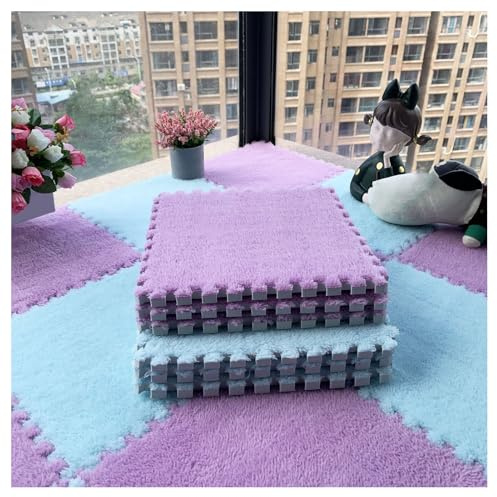 20 Pcs Carpet Puzzle Mats for Floor,Plush Interlocking Carpet Tiles,Plush Puzzle Foam Floor Tiles Squares,for Playroom,Home Decor,4 Ft X 5 Ft(0.23 Inch,Color:Purple+Light Blue)