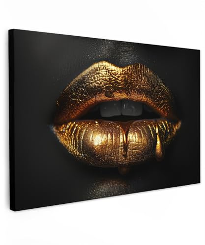 MuchoWow© Leinwand Bilder Wanddeko Wohnzimmer Aesthetic Room Decor Deko | 90x60 cm - Zimmer Wandbilder Modern Fotogeschenke Frau - Porträt - Lippen - Gold - Schwarz