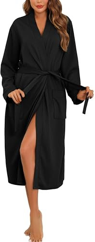 Vlazom Waffle Dressing Gowns Lightweight Kimono Robe Cotton Soft Bathrobe for All Seasons Spa Hotel Nursing Pregnancy Black,M