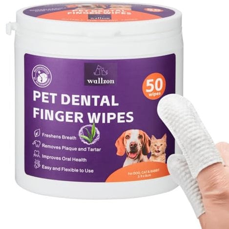 WALLZON Teeth Cleaning Finger Wipes for Dogs & Cats, Soft Pet Dental Finger Wipes for Dogs, Disposable Cat Tooth Cleaning Wipes, Gentle Dog Teeth Brushing Finger Wipes (50 Wipes, Finger Wipes)
