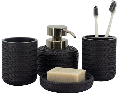 ZCCZ Set di 4 accessori da bagno nero con dispenser di sapone, porta spazzolino da denti, bicchiere da bagno e portasapone, organizer decorativo per bancone