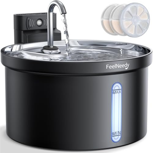 FEELNEEDY Fontaine à Eau Chat sans Fil 3,5L Fontaine pour Chats Acier à Pile Séparation de l'eau et de l'électricité-avec Capteur-4000 mAh Rechargeable Batterie-Distributeur Eau Chat Automatique-Noir