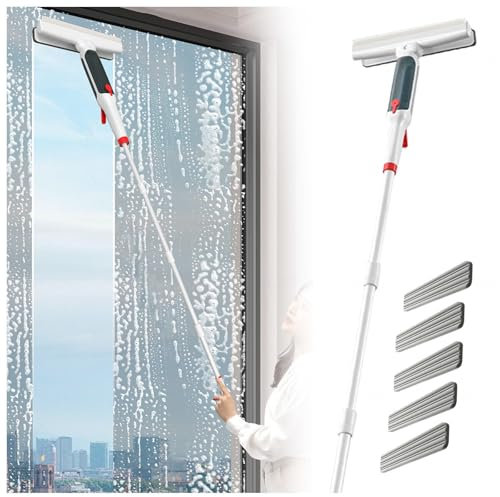 RYJYQYX 4 en 1 Spray Limpiacristales con Varilla De Extensión, Limpiacristales con Colector De Aguas Residuales Y 5 Paños para Ventana De Coche De Ducha