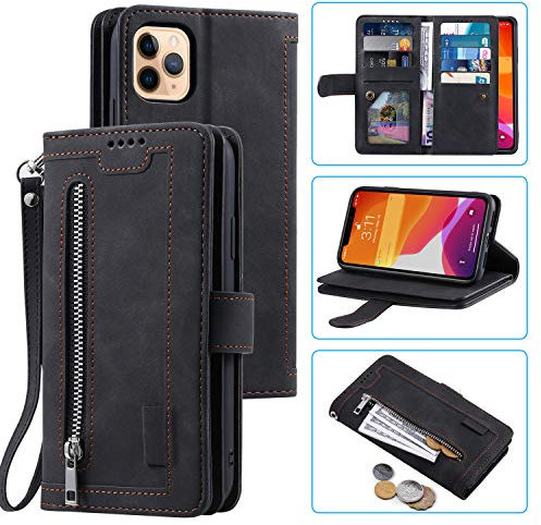 EYZUTAK Wallet Phone Case for iPhone 16 Pro Max, Retro Matte 9 Card Holder Slots Zipper Pocket Case PU Leather Magnetic Closure Kickstand with Wrist Strap Folio Flip Case - Black